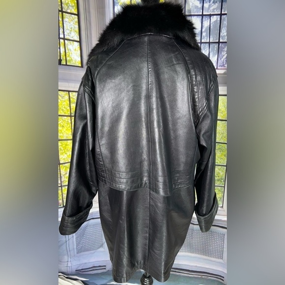 Vintage Black Leather Coat Fox Fur Trim Hood - Picture 3 of 6